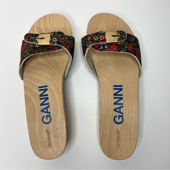 GANNI x Dr. Scholl's Red Floral Buckle Wooden Clog Slides Sandals Retro NEW - Picture 6 of 13